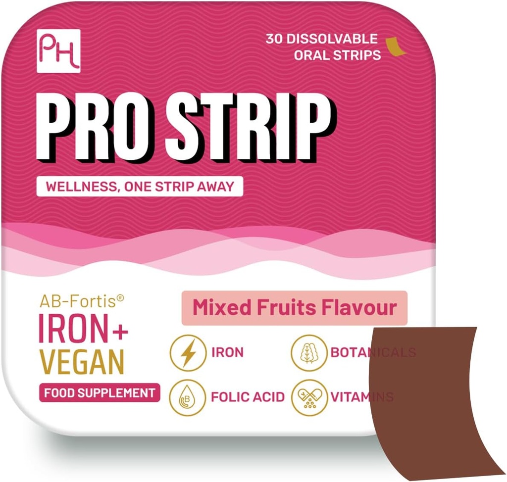 PROSTRIP Del Iron + AB-Fortis 14mg Ditambahkan dengan Vitamin C, B1, B2, B6, Acid Folic, Beetroot, Spinch dan Tart Cherry - 30 Oral Vegan Strips