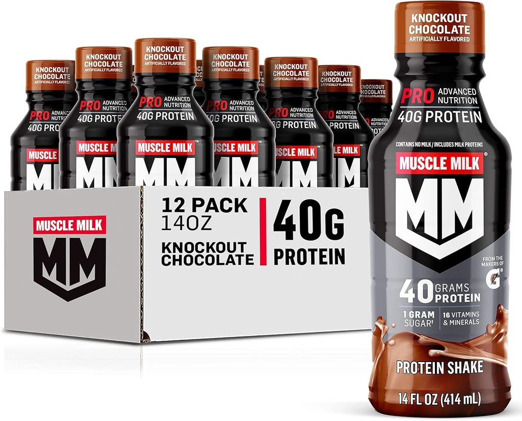 Muscle Milk Pro Advanced Nutrition Protein Shake, Knockout Chocolate, 14 Fl Oz Bottle, 12 Pack, 40g Protein, 1g Sugar, 16 Vitamin & Minemins, 6g Fiber, Pemulihan Kerja, Paket May Vary