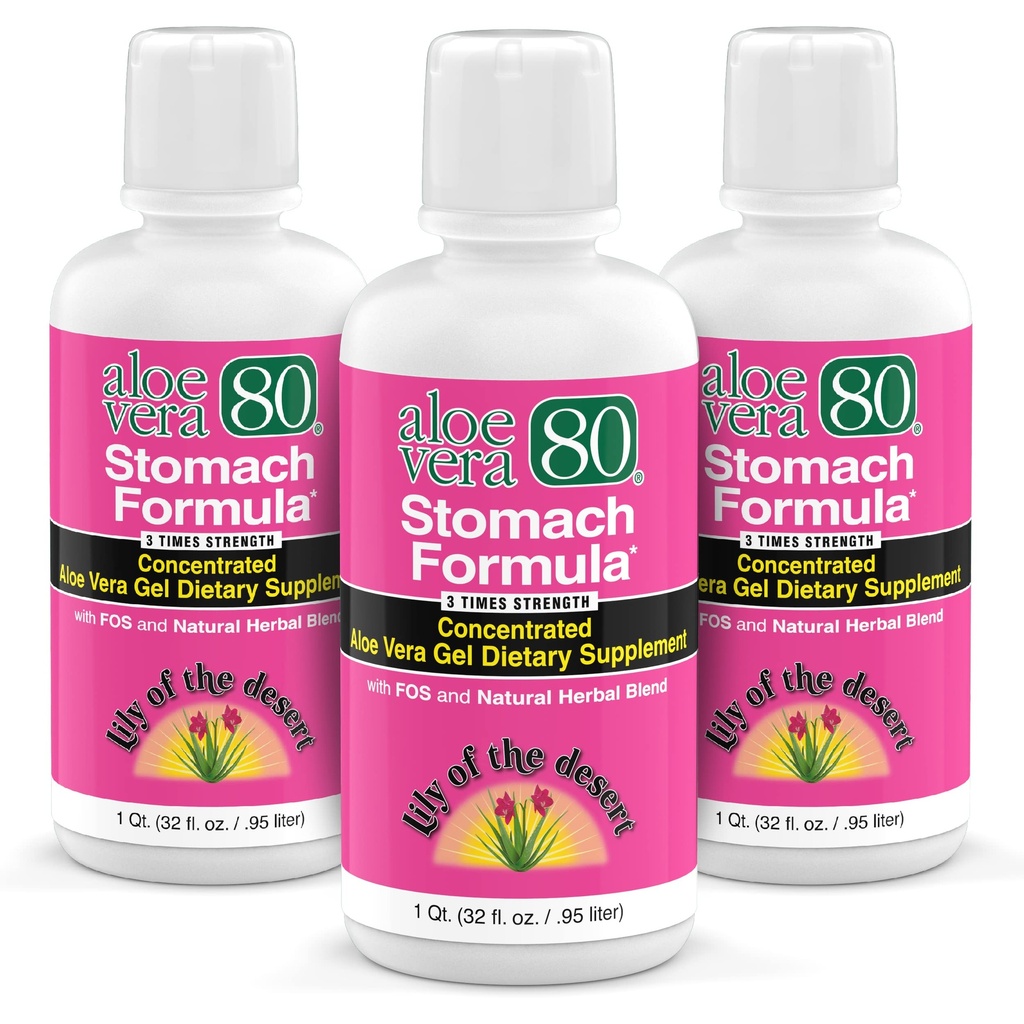Lily of The Desert Stomach Formula, Aloe Vera 80 Gel - Comcented Aloe Vera Juice with Slippery Elm, Chamomile, Peppermint, and Ginger for Gut Health, Heartburn, Acid Reflux, 32 Oz (Paket 3)