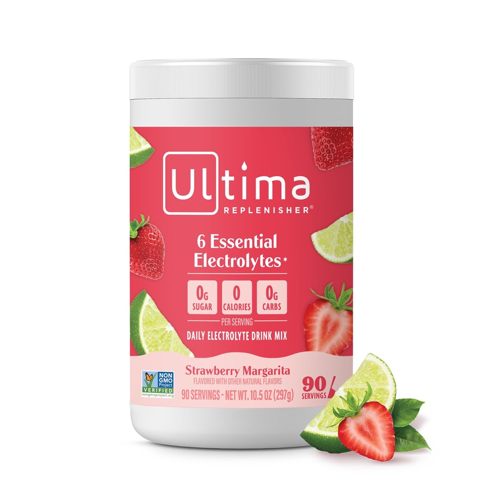 Ultima Replenisher Daily Electrolite Powder Mix - Sugar Free - Strawberry Margarita, 90 Pelayan - Hidration Powder dengan 6 Key Electrolite dan Trace Minecure - Keto Friendly, Non-GMO