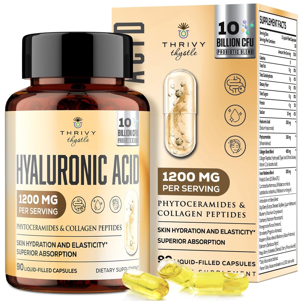 19- in 1 Hyaluronic Acies Capsules - Hylunaric Acid 1200 mg, with Collagen Peptides, Vitamin C, Phytoceramides - for Skin, Eyes, Gastrointestinal, Bones Support (1 Pack)