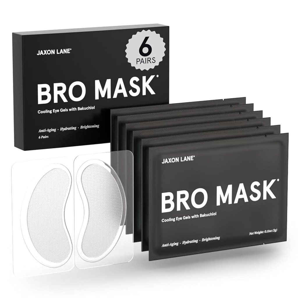 BRO MASK Under Eye Patches for Men Skin Care 124; Cooling Eye Masks for Dark Circles and Puffiniss, Anti Aging Hydrogel Pads dengan Bakuchiol, Caffeine & Niacinamide, Perawatan Eye Bags untuk Pria (6 Pairs)