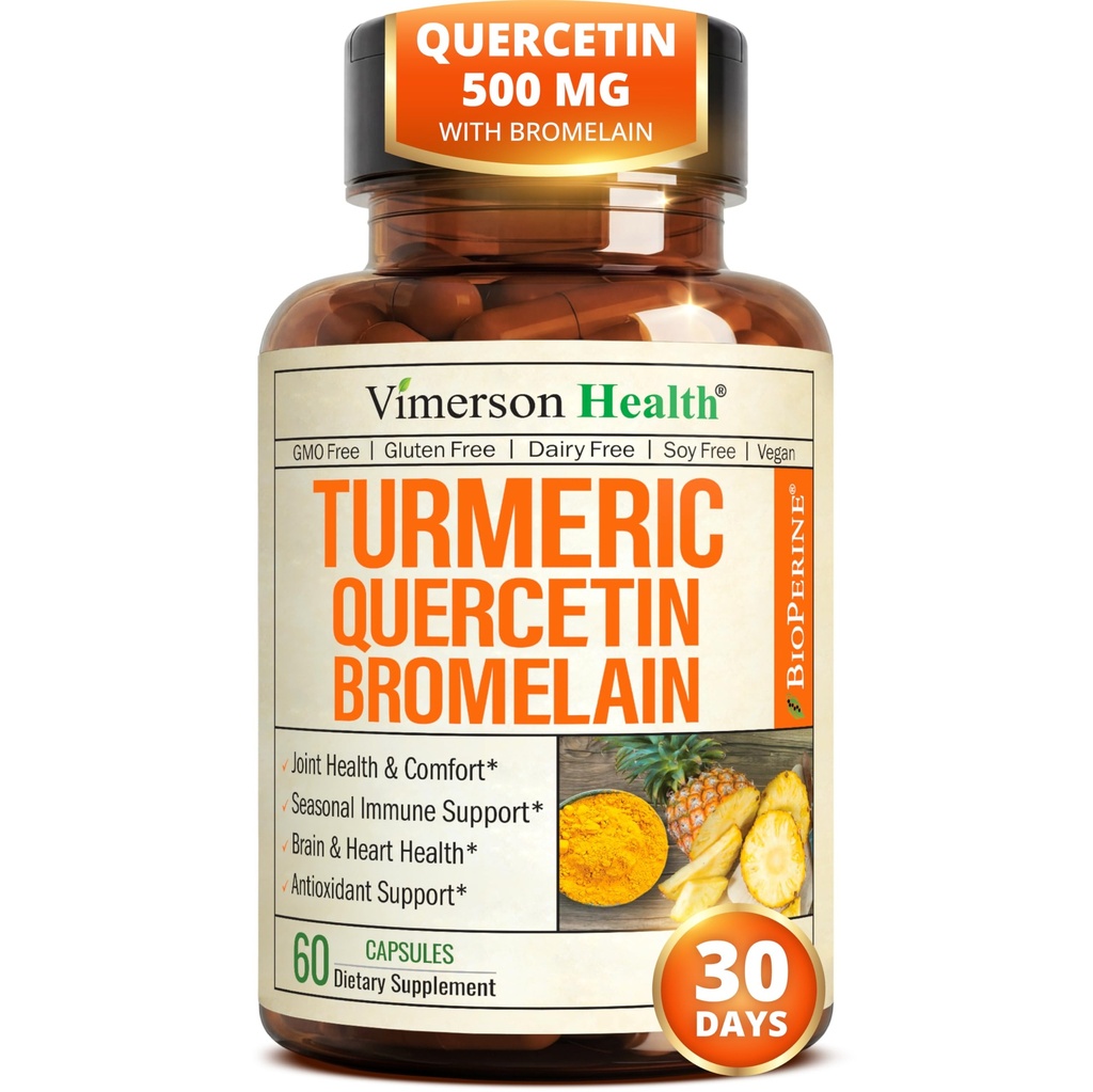 Quercetin dengan Bromelain Turmeric Curcumin Suplement - Allergy Relief, Joint & Imune Support - Organic Turmeric Suplemen dengan Black Pepper (Bioperine) - 60 Quercetin 500mg Capsules