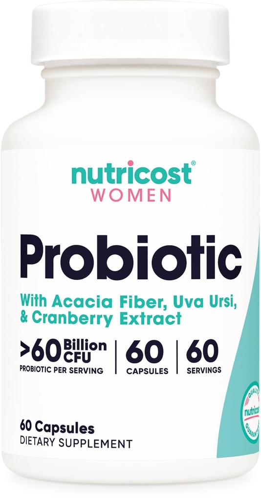 Probiotik Nutricost untuk Perempuan 60 Milyar CFU, 60 Capsules, Kompleks dengan Acacia Fiber, Uva Ursi, & Cranberry Extract - Non-GMO & Gluten Bebas