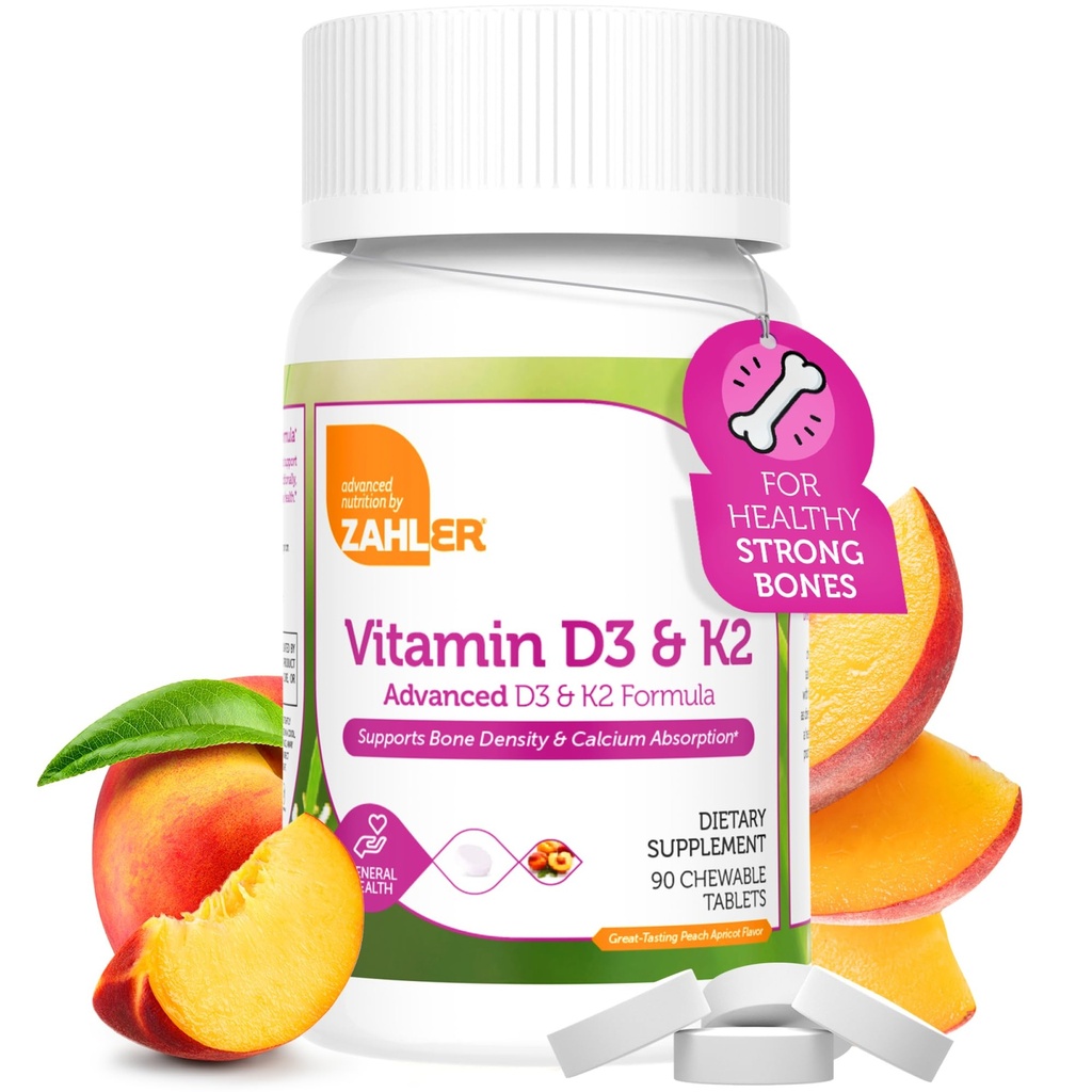 Zahler - Vitamin D3 & K2 Pendukung Chewable (90 Count) - Disahkan Kosher K2 D3 5000 IU Delicious Chew Tablet - Vitamin D & K2 untuk absorpsi Kalsium, Dukungan Bone Density & Imune