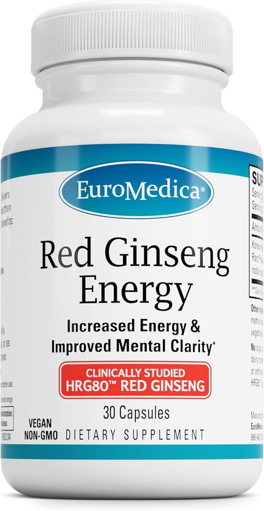 EuroMedica Red Ginseng Energy - Suplemen untuk Mendukung Energi Kesehatan & Fokus - Suplemen Herbal dengan Pajang Root Red Ginseng - Tablet Vegan untuk Membantu Endurance Sehat - 30 Kapsul