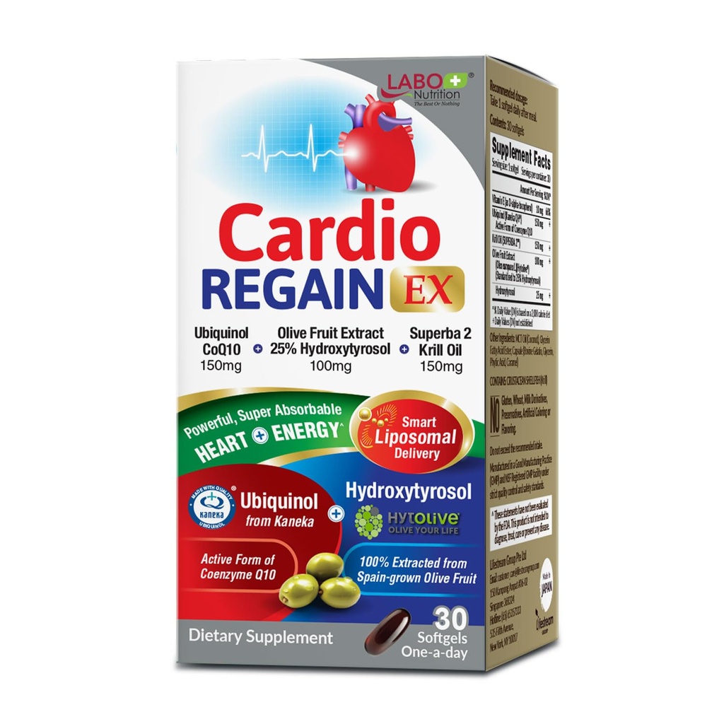 LABO Nutrition CardioREGIN - Ubiquinol CoQ10 Suplemen Kaneka QH 150mg, Zaitun Fruit Extract (25% Hydroxymopol), Krill Oil - Heart, Cellular Energy, Lipopomal Absorpsi, Non-GMO, Soy- Free