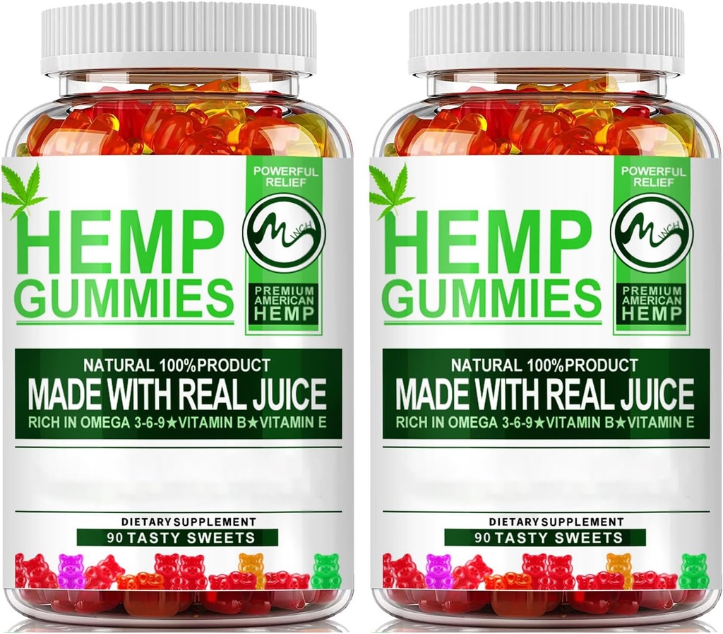 (2 Paket) Hemp Gummies - 90PCS Stress Relief Fruity Gummy Bear dengan Hemp Oil
