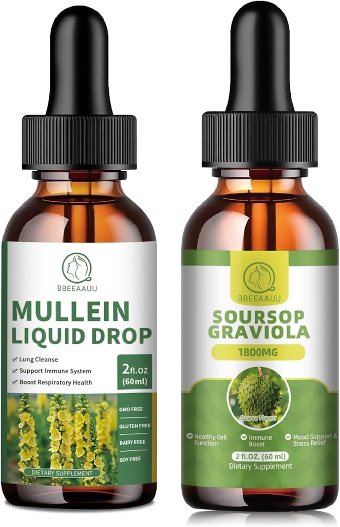 Mulein Drops for Lungs, Mullein Leaf Extract 1000MG untuk Lung Cleanse & Soursop Gravoid Drops 1800mg, Soursop Extract for Cell Regeneration