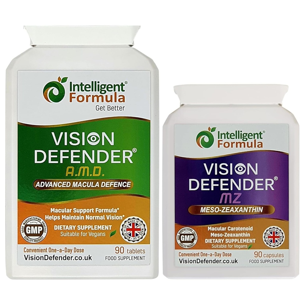 Vision Defender AMD dan Vision Defender MZ Macula Health Bundle - AREDS2 Formula Boosted oleh Optimum High Power Meso- Zexanthin Vegan Health Supppplemen (90 Days Supply)