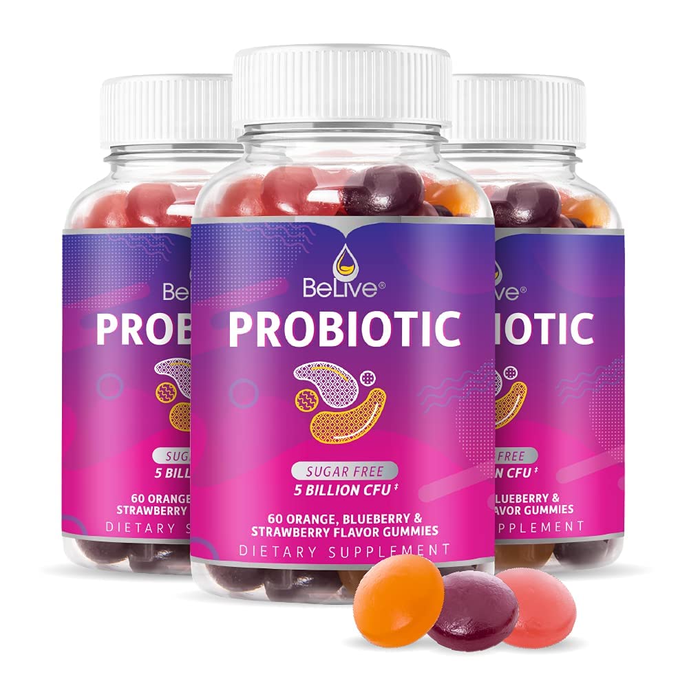 BeLive Probiotic Gummies - Provinsi dengan 5 Milyar CFU untuk Kesehatan Digetical, Pria, Perempuan & Anak Probiotic Suplemen untuk Dukungan Kebal, Gula & Vegan - Blueberry, Strawberry & Orange 124; 3-Pack