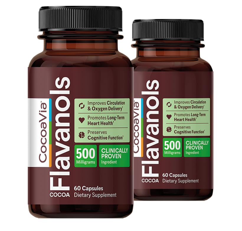 CocoaVia Tambahan Kesehatan Cardio, 60 Day, 500mg Cocoa Flavanols, Dukung Heart Health, Boost Nitric Oxide, Sirkulasi Darah, Energi, Vegan, Dark Chocolate, 120 Kapsul