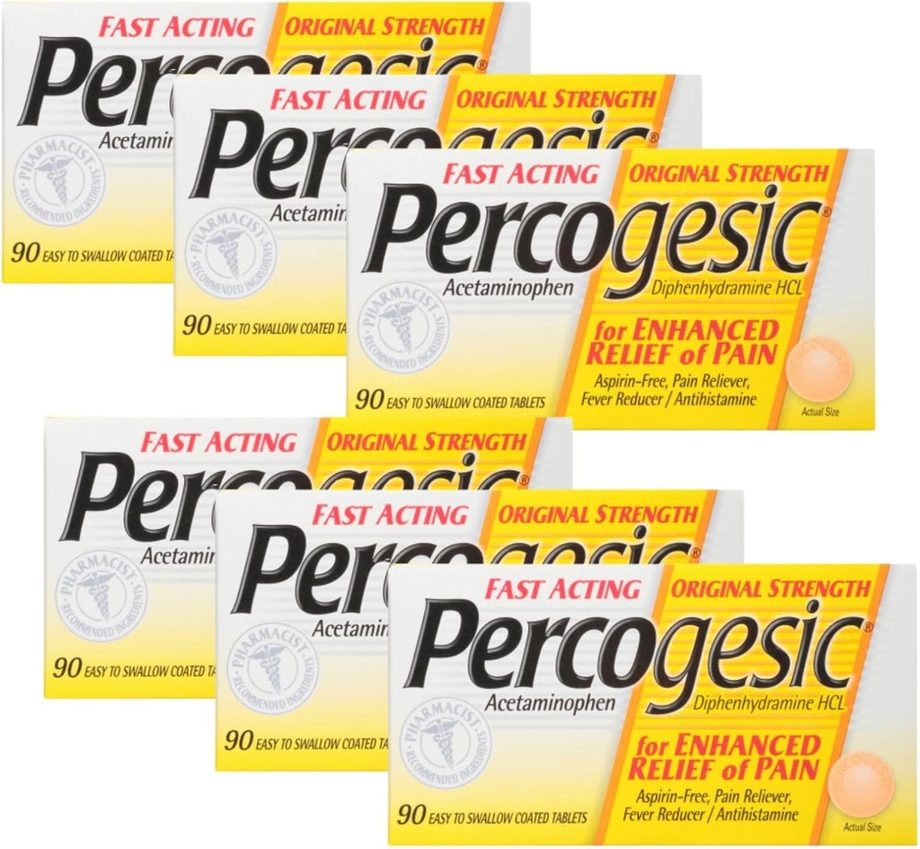 Percogesic Aspirin Free Pain Relief Tablet, Original Strength, Acetaminophen dan Diphenhydramine, 90 ct (Paket 6)