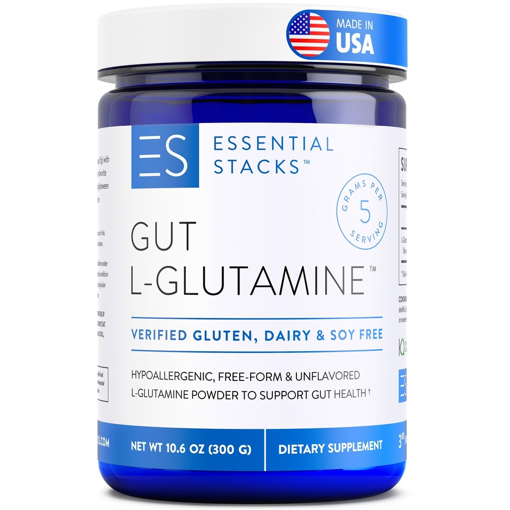 Escally Stacks Gut L- Glutamine Powder - Terbuat secara ekslusif di Amerika Serikat - Serbuk L Glutamine murni untuk Kesehatan Gut (60 Pelayan, Tanpa Rasa)