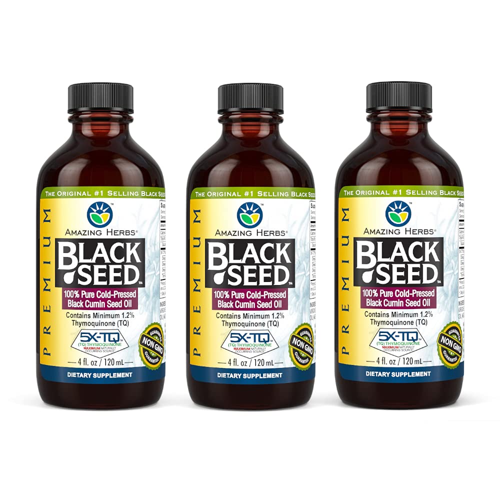 Amazing Herbs Premium Black Seed Oil - Gluten Free, Non GMO, Cold Menekan Nigella Sativa Aids in Digetical Health, Imune Dukungan, Fungsi Otak - 4 Fl Oz (Paket 3)