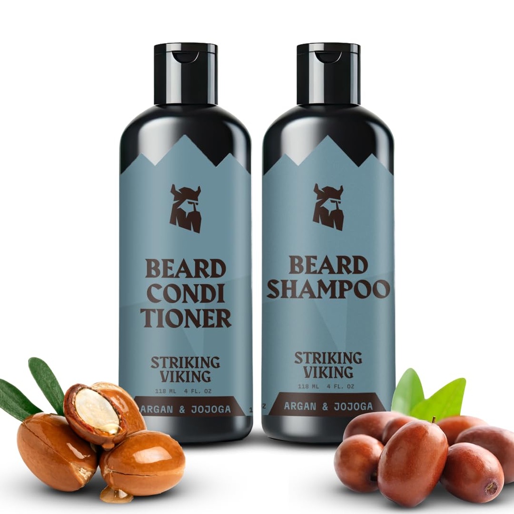 Striking Viking Shampo dan Kondisioner Set - 4 Fl Oz Masing-masing, Segar Maskulin Segar Segar - Beard Wash dan Conditioner untuk Pria - Cleanses & Softens, dengan Argan & Jojoba Oil - Sulfate & Paraben Bebas