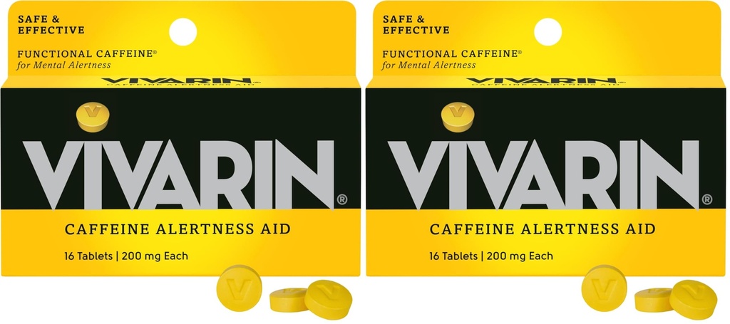Vivarin, Caffeine Pills, 20mg Caffeine per Dose, Aman dan Efektif Membantumu Stay Awake, No Sugar, Calories atau Tersembunyi Ingreations, Supplemen Energi, 16 Tablet (Paket 2)