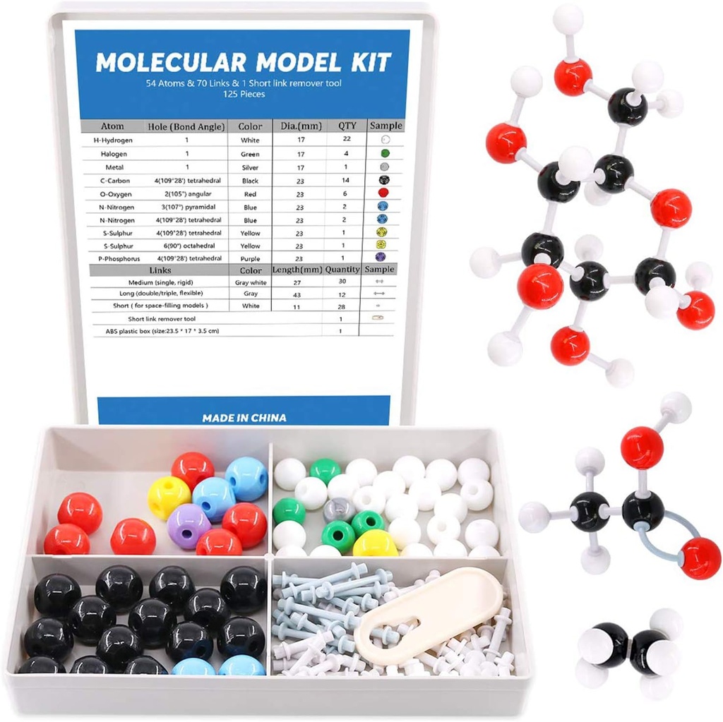 Swpeet 125 Pcs Molekuler Model Kit untuk Model Molekuler Inorganik & Organik Guru dan 16 Tahun dan Lebih Mahasiswa Kit - 54 Atom & 70 Links & 1 Alat Remover Link - Mainan Sains