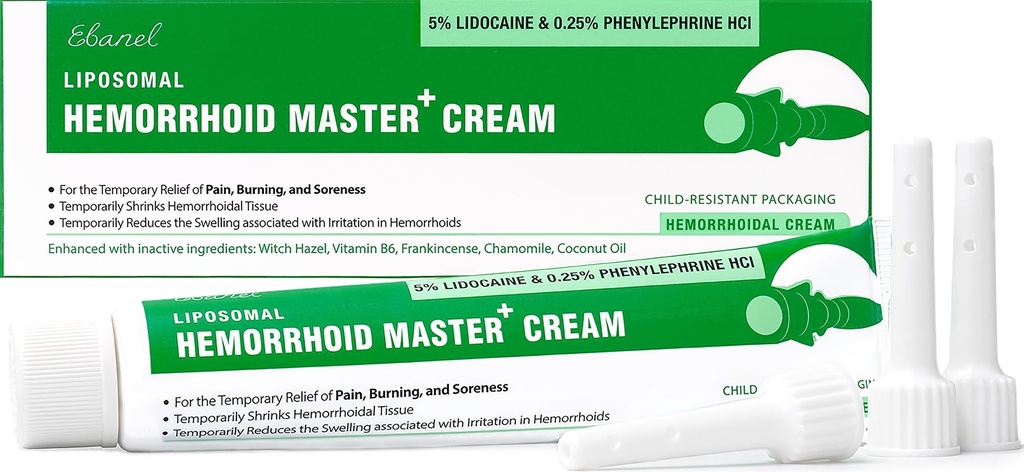 Ebanel 5% Lidocaine Heemorhoid Treatment Cream with Witch Hazel, Phenylephrine, Horse Chestnut, Vitamin B6, Zinc Oxide, External and Internal Hebrihoids Treatment Burn Itch Pain Relief Anal Cream