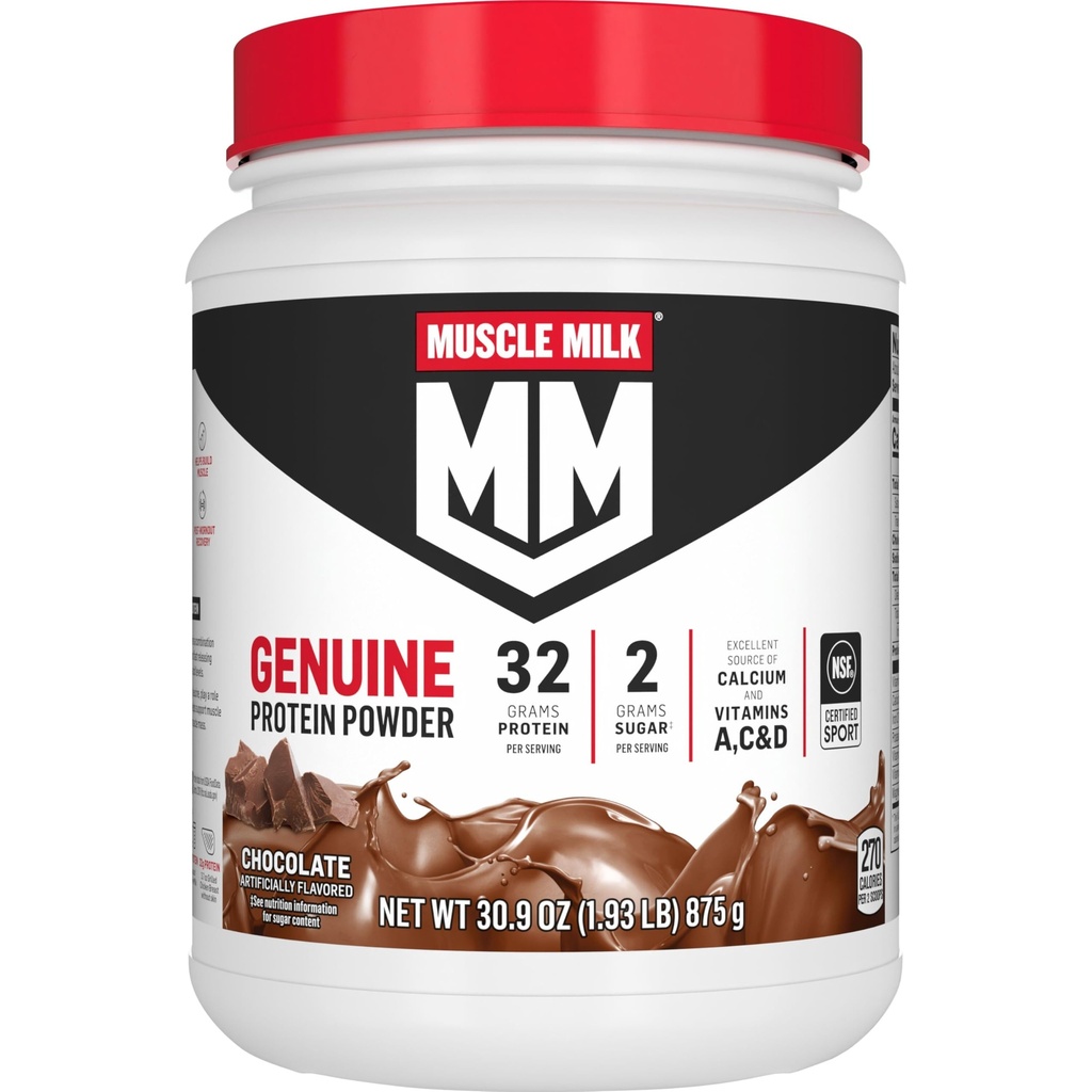 Muscle Milk Genuine Powder, Chocolate, 1.93 Pounds, 13 Pounds, 32g Protein, 2g Sugar, Kalsium, Vitamin A, C & D, NSF Bersertifikat untuk Sport, Energizing Snack, Paket Mei Vary