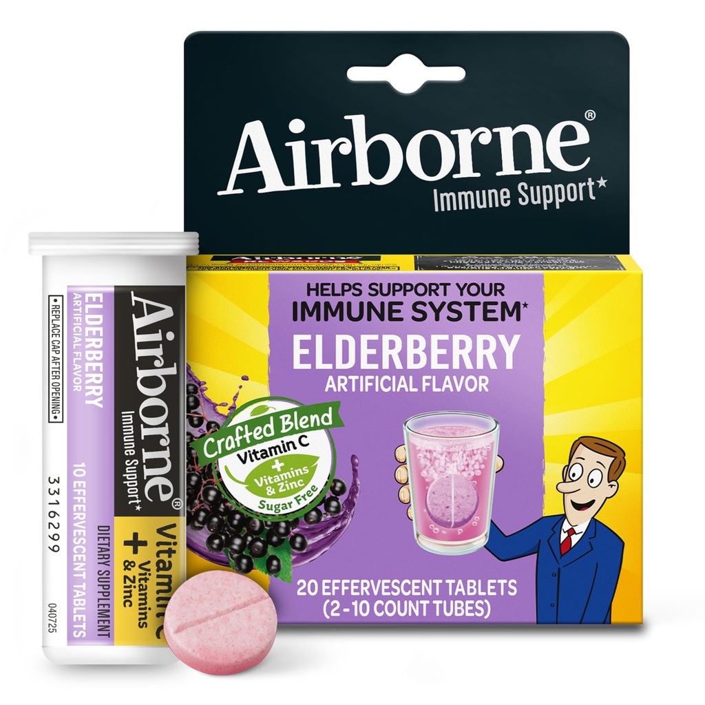 Ekstrak Elderberry + Vitamin C 1000mg (per Serving) - Effervescent Tablet (20 Count in a Box), Gluten- Free Imune Support, dengan Vitamin A C E, Zinc, Selenium, Sugar Free