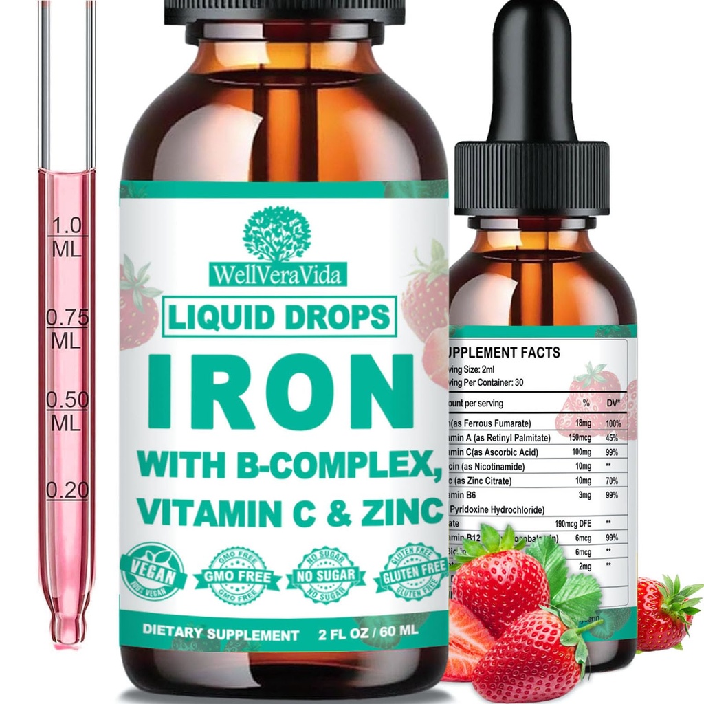 Liquid Iron Suplement w / Vitamin C, B-Complex, High Potency Iron Liquid.