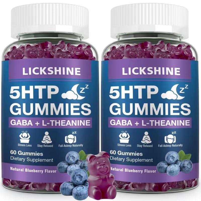 2 Pack 300MG 5- HTP GABA Sleep Suplement Gummies dengan 200mg L-Theanine Suplemen untuk Otak, Stabilizer Mood dan Dukungan Tidur, Melantin- Free, Omega 3-6- 9 untuk Natural Zzzs, Blueberry Flavor