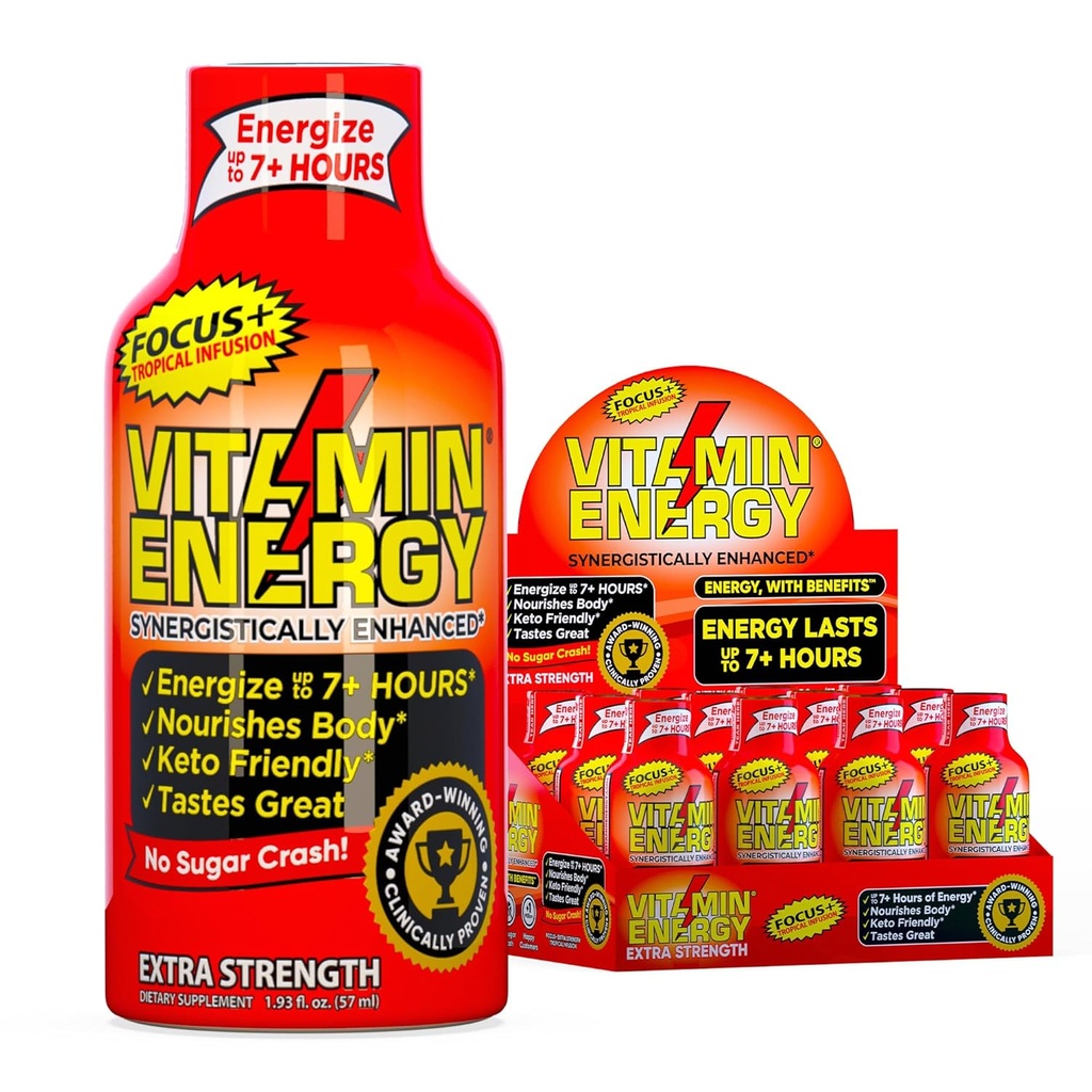 Vitamin Energy Focus + Extra Energy Shot Tropical Infusion 12 Pack, 260mg Natural Caffeine, B-Vitamin, CoQ10, Amino Acids, Focus, Produtivitas & Clarity, Zero Sugar, Gluten-Free, 1.93 fl oz