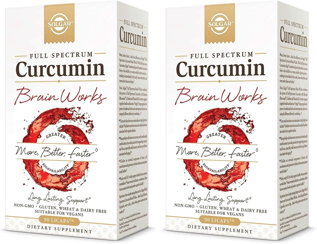 Solgar Full Spectrum Curcumin Brain Works, 90 Licaps - Dukung Memory Recall, Focus Function - Antioksidant Dukungan - Curcumin, Bacomind, Choline, Vitamin B12 - Non-GMO, Vegan - (Paket 2)