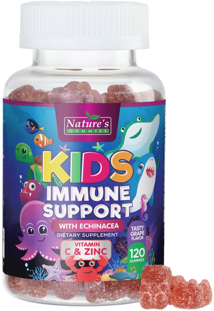 Anak-anak Immune Support Gummies - Daily Chidrens Vitamin C, Zinc & Echinacea - Gummy for Kids kekebalan Dukungan, Ages 4 and Up, Natural Berry Flavor, Non- GMO, Gluten- Free & Vegan - 120 Gumne