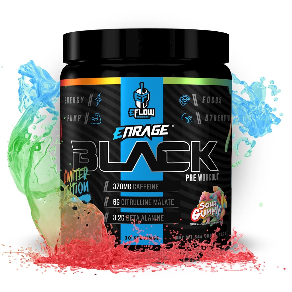 EFlow Nutrection Enrage Black High Stimulant Pre Workout Suplement - Pretraining Powder to Boost Energy, Pumps and Power - 4 Flavors (30 Service) (Sour Gummy)