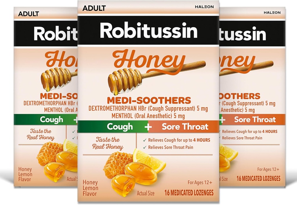 Robitsin Medi- Sothers Honey Lemon Throat Lozenges, Long-Lasting Cough + Sore Throat Pain Relief - 48 x 16ct Packs)
