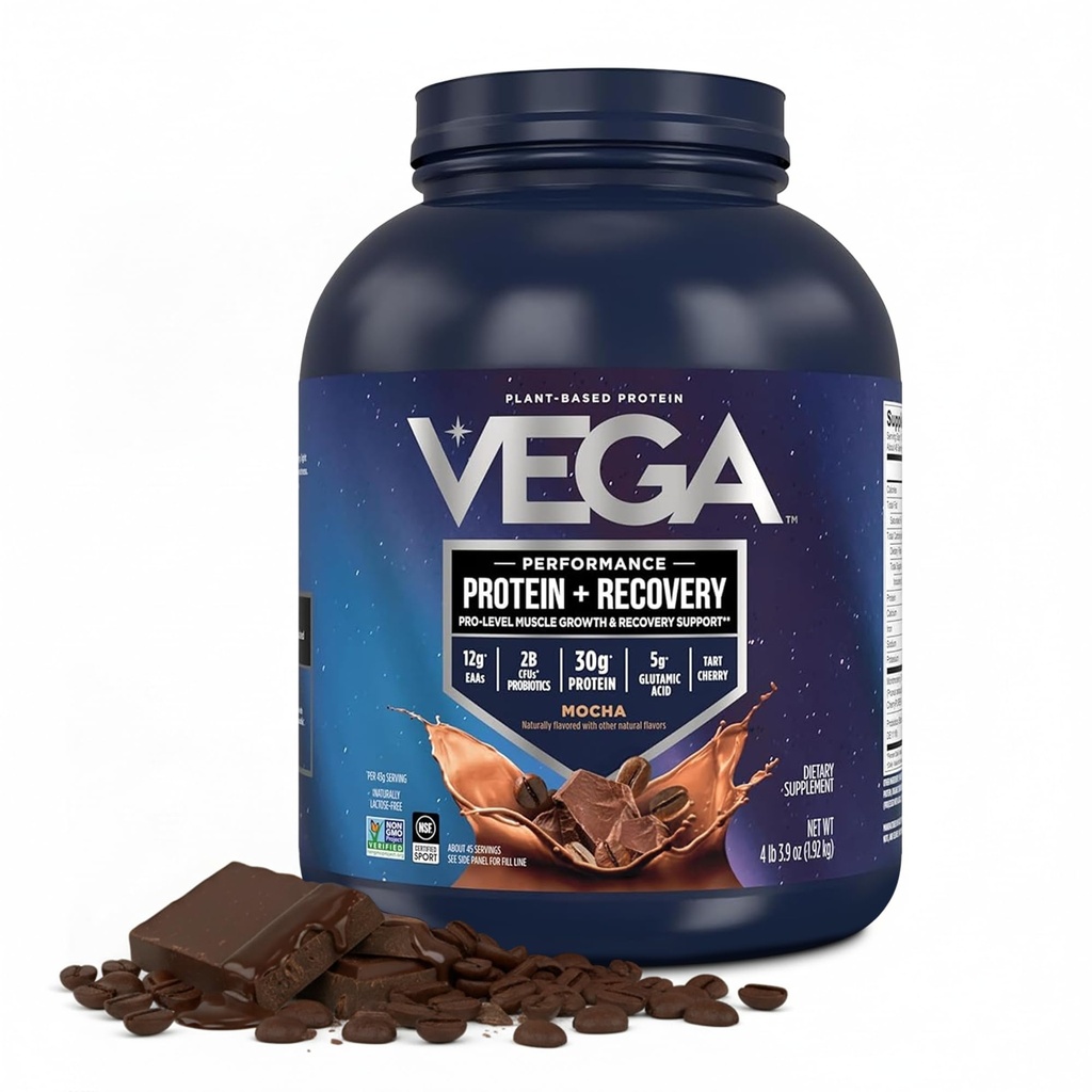 Vega Sport Vegan Powder + Recovery - 30g Plant Based Protein per Serving, Mocha, 45 Servings, 5g BCAAs, Progories, NSF Certifikasi, untuk Shakes & Smoothies, 4.2lbs (Packaging May Vary)