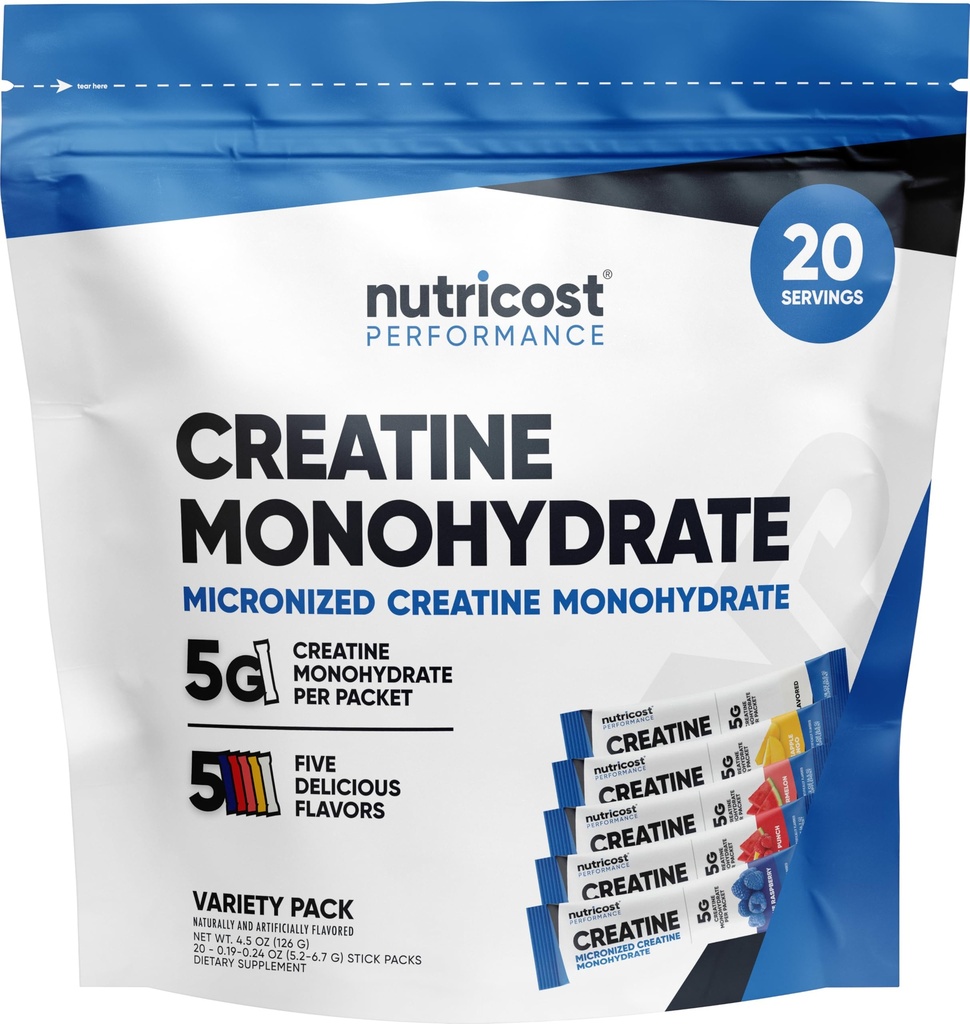 Nutricost Creatine Monohydrate Powder Stickpacks (5 Flavors, 20 Servings)