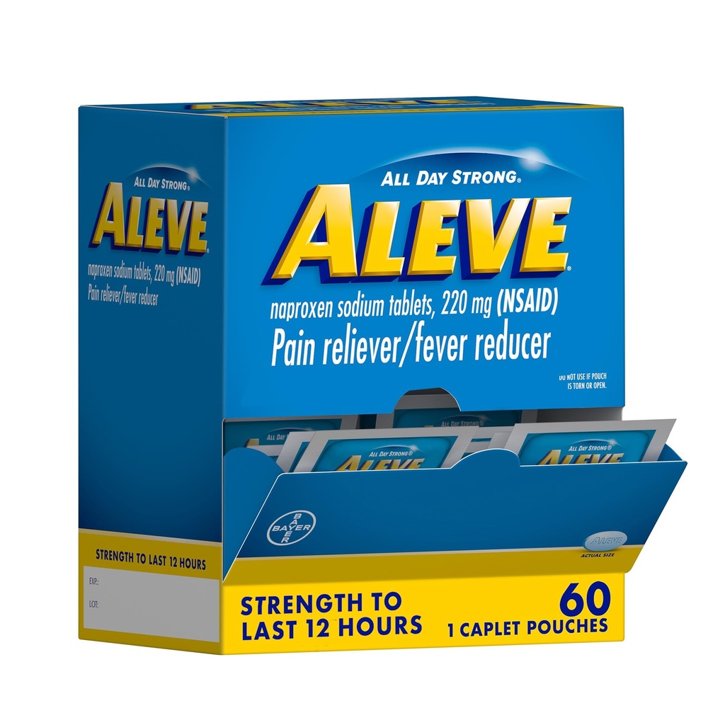 Aleve Pain Reliever & Fever Reducer Naproxen Sodium Caplets, Body and Arthritis Pain Reliever, Medicine for Dewats and Children Ages 12 and Up, 60 Individual Pouches