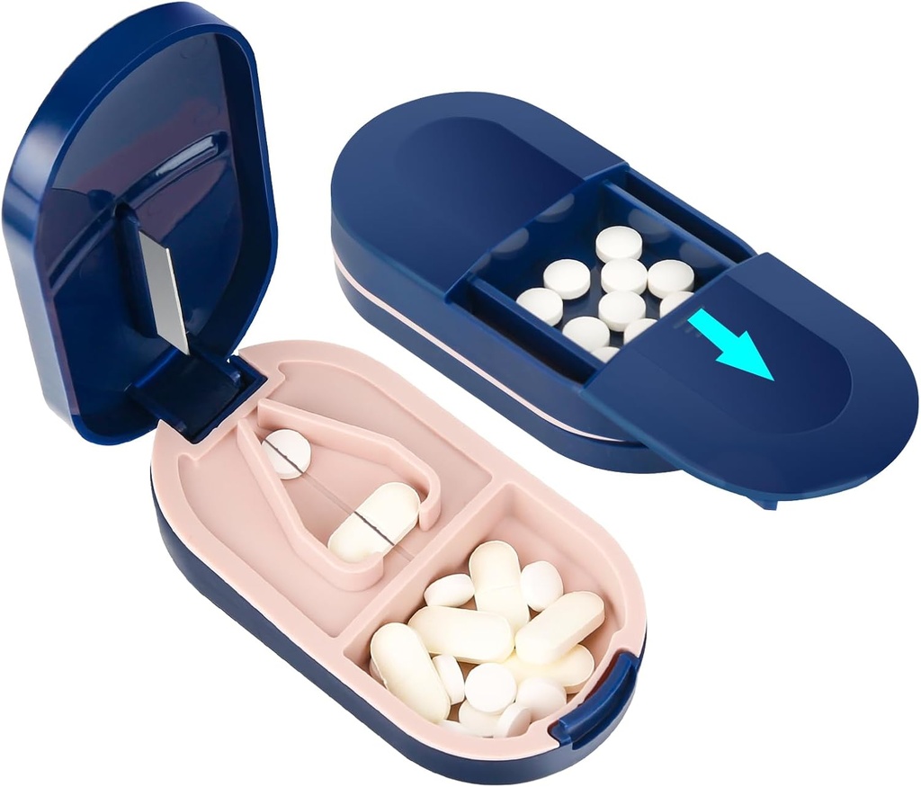 LefTOL Pill Cutter, Portable Pill Splitter 2-in-1 Kasus dengan Pisau Baja Stainless, untuk Tablets Kecil atau Besar Vitamin, Potong Pil dengan Kompartemen Mini Pill Organizer - Biru
