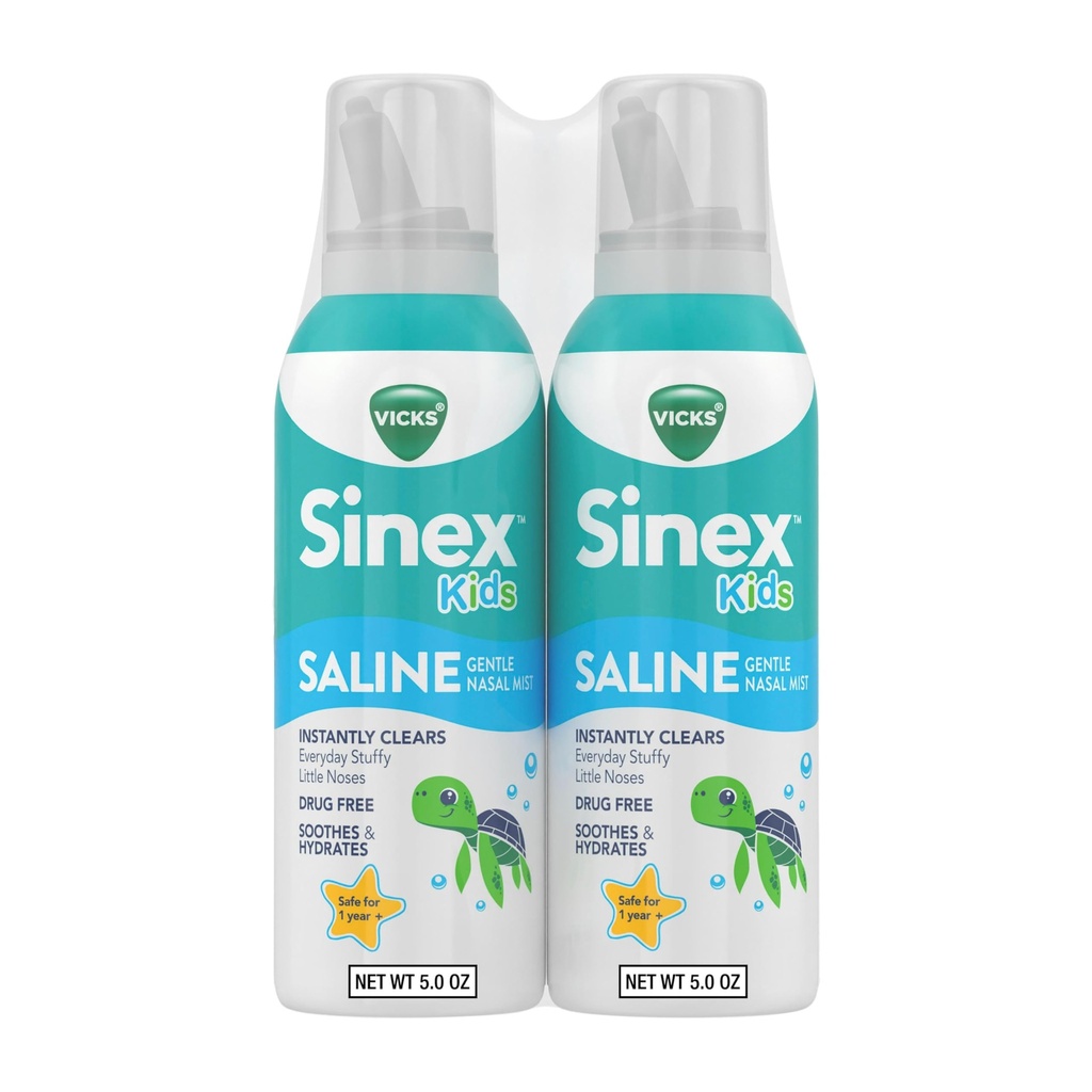 Vicks Sinex, Spray Saline Nasal, Drug Ultra Fine Mist with hint of Aloe, Ages 1 +, Fast Daily Stuffy Nose Relief for Children, Clear Mucus from a Cold or Allergy, 5 OZ x 2