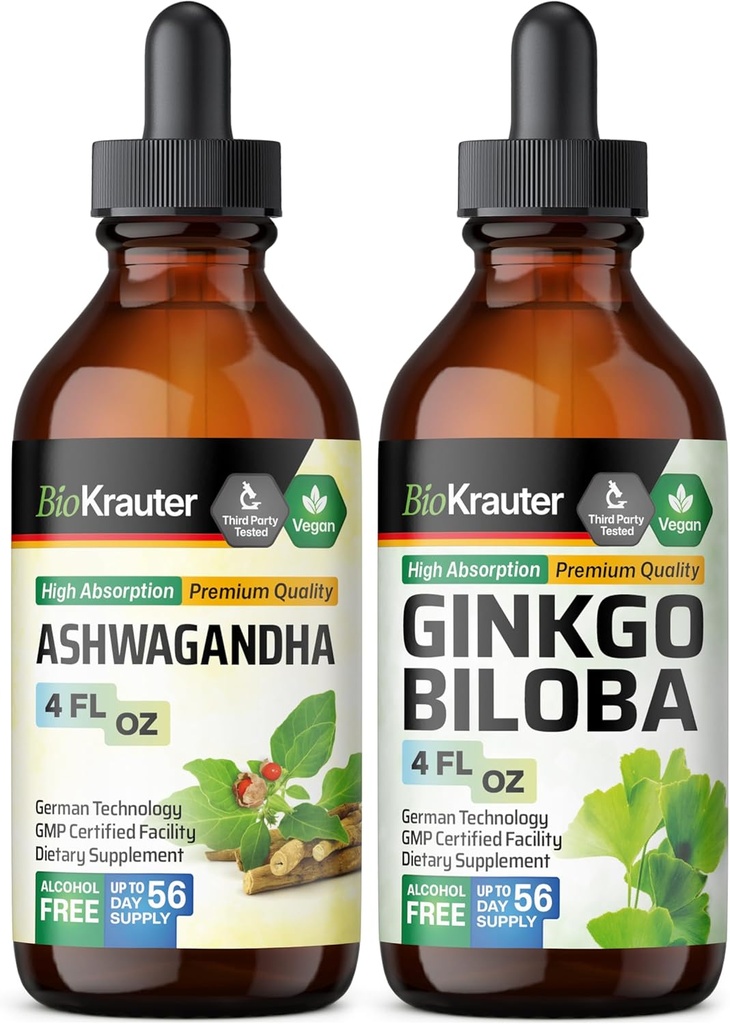 BIO KRAUTER Ashwagandha Ticture 4 Fl Oz. & Ginkgo Biloba Ticture 4 Fl Oz.