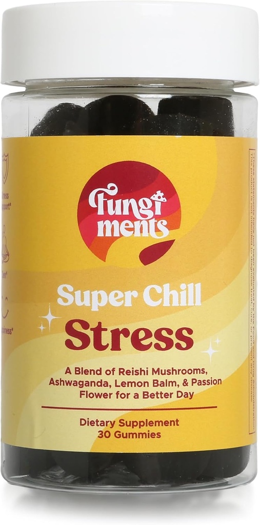 Fungiments Super Chill - Mashroom Suplemen - Rashi Jamur, Ashwagandha, Cortizol, L- Theanine, Passion Flower - Kurang Stres dan Tidur Lebih Baik (30 Jamur Gummies)