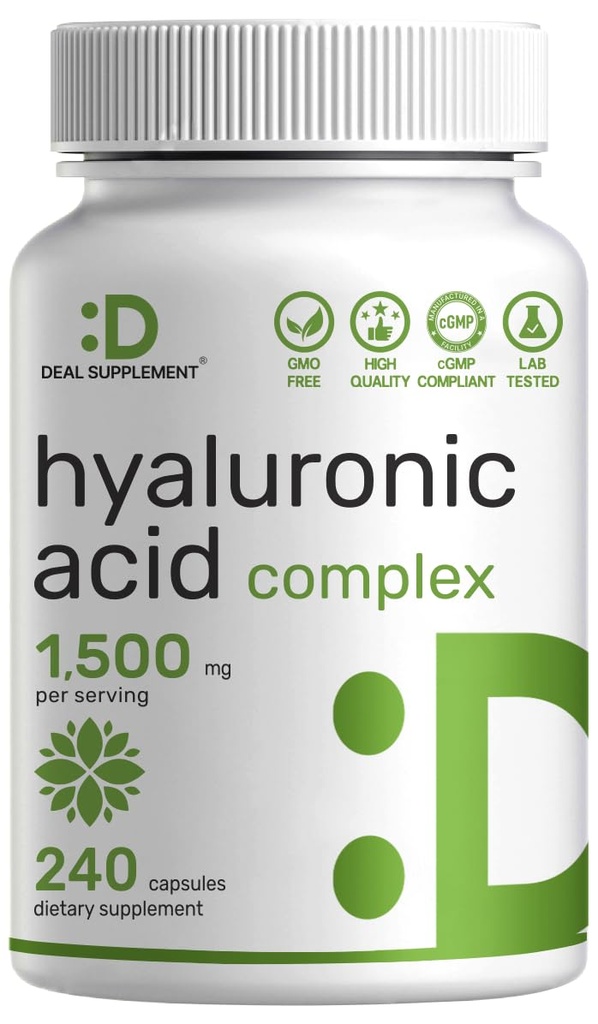 Suplemen Suplemen Hyaluronic Acid 1.500mg - 240 Kapsul, dengan MSM & Vitamin C - Pure 95%% 14; Non-GMO + Plant Based HA - Supports Heally Joints, Bones, Connective Tesis, & Skin Hydration