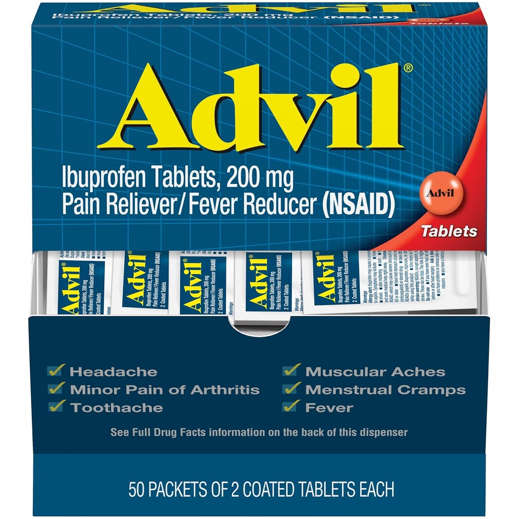 Advil Ibuprofen, 200mg, 50 Paket dari 2 tablet berlapis (Paket 2)