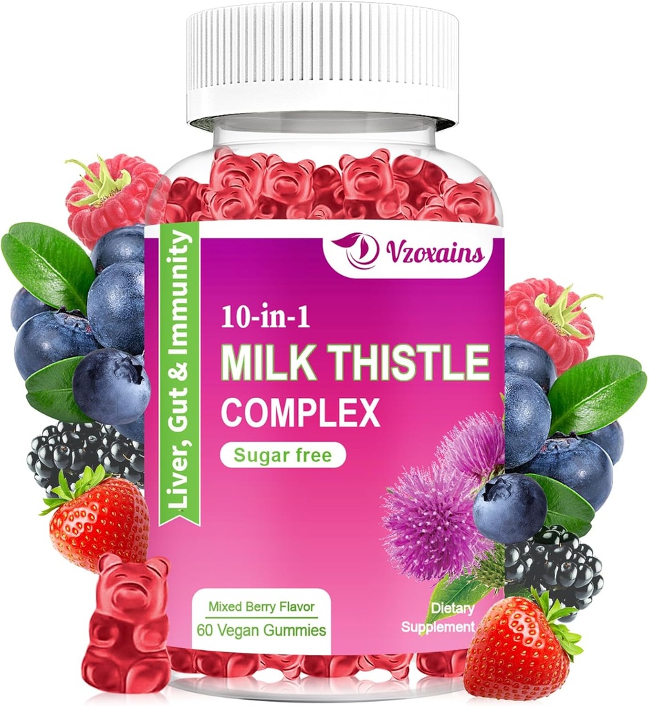 Milk Thistle Gummies, 10- 1 Formula Herbal untuk Liver Cleanse Detox & Repair with Dandelion Root, Turmeric, Artichoke - Optimal Liver Fungsi dan Kesehatan Digetical - Campuran Berry Flavor