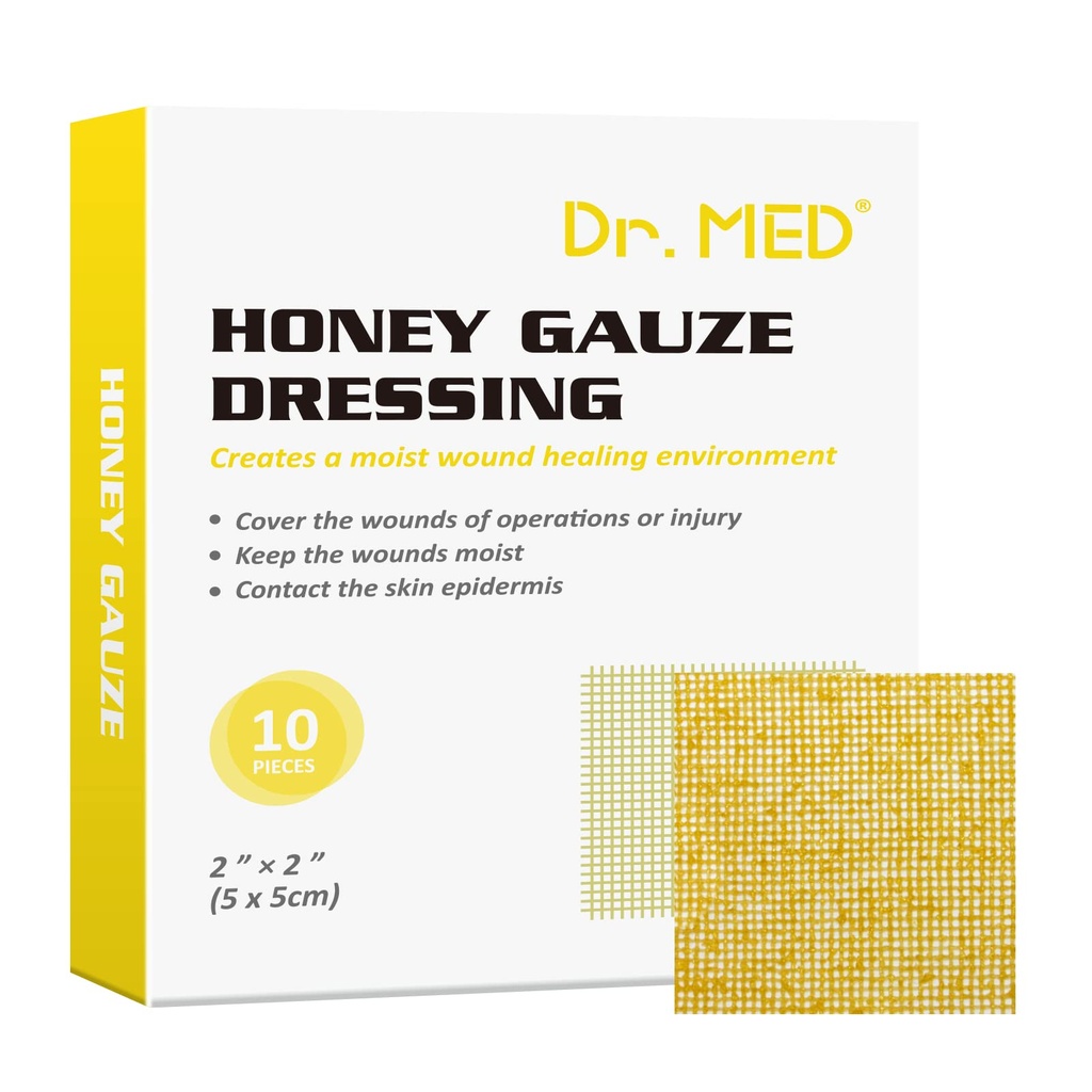 Dr. Med Honey Gauze Dressing, 2 "x 2" (10 PCS / Box) Honey Medical Bandage Wound Patch for Minor Abrasions, Cuts, Lacerations, Scald and Burns for Wound Healing, Chemical and Drug Free