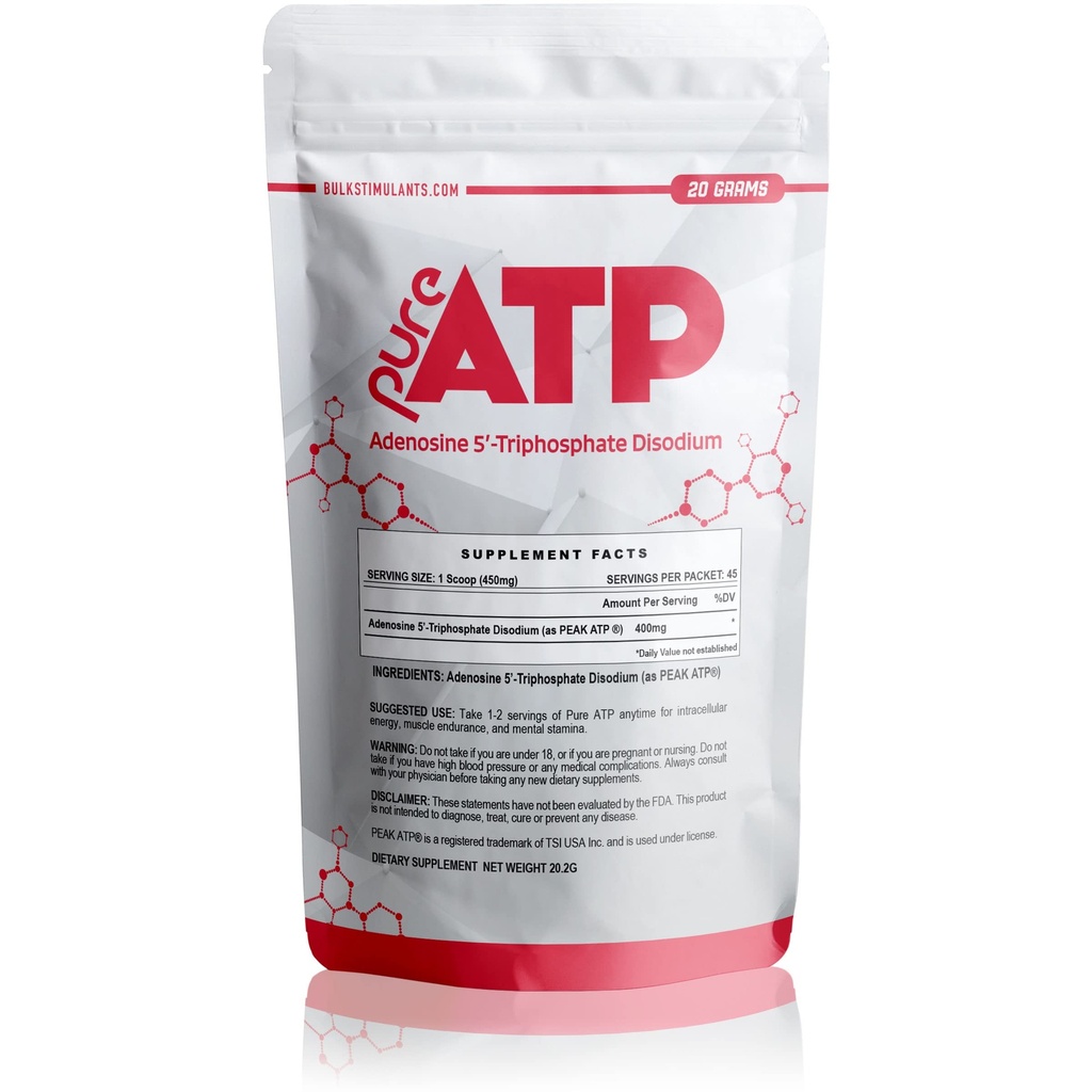 BulkStimulants Pure ATP Adenosine Trifosfat Powder - Increase Energy, Endurance, Power, Recovery & Muscle Putter than Creatine HMB & Nitric Oxide, Natural Pre Workout Supplemen - 20 Grams