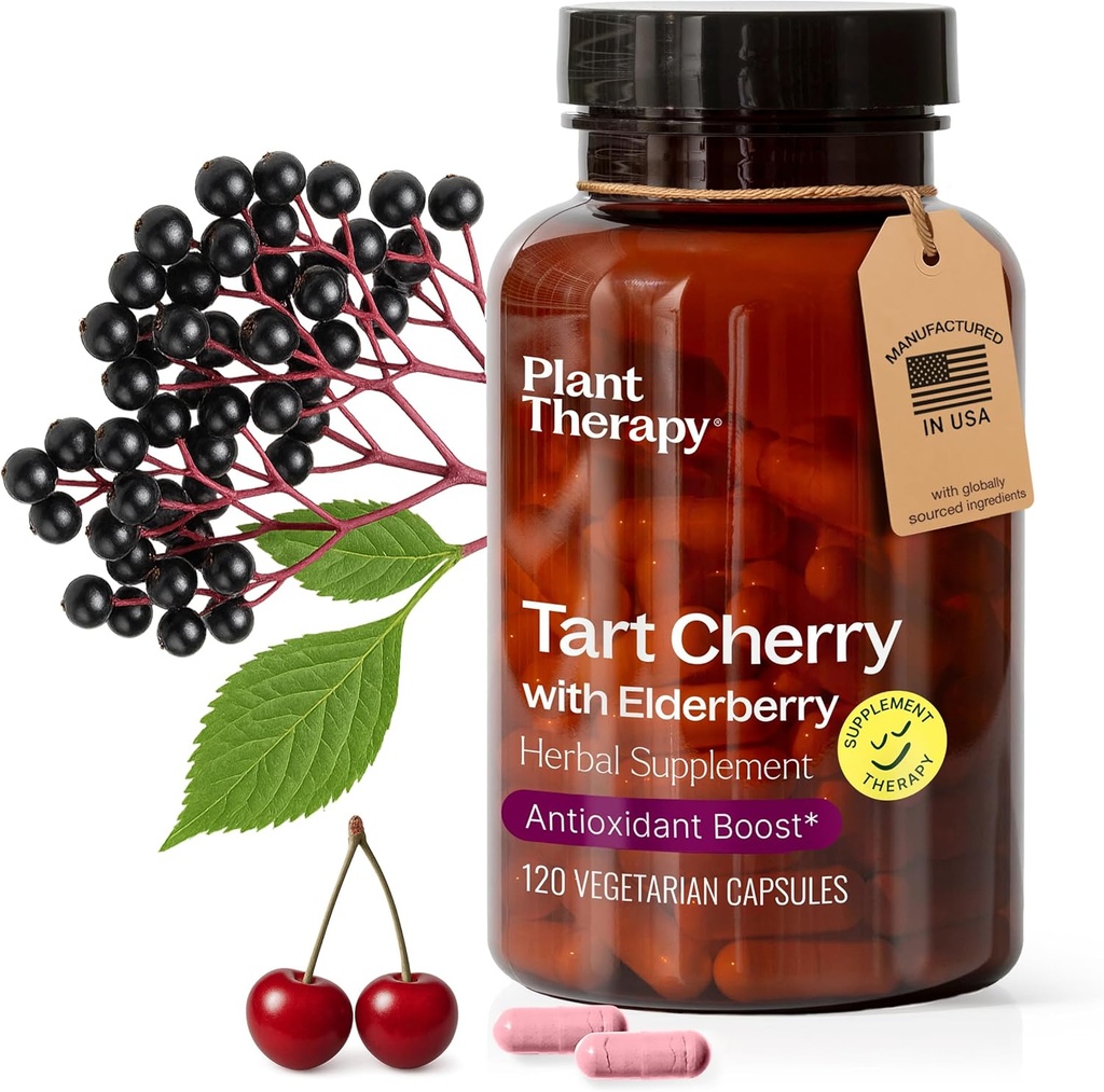 Plant Therapy Tart Cherry Capsules with Elderberry Manufaktur in USA 4 Month Suppply The Body, Immune System & Sleep Cycle Suplemen Perempuan & Men 120 Vegetarian Capsule
