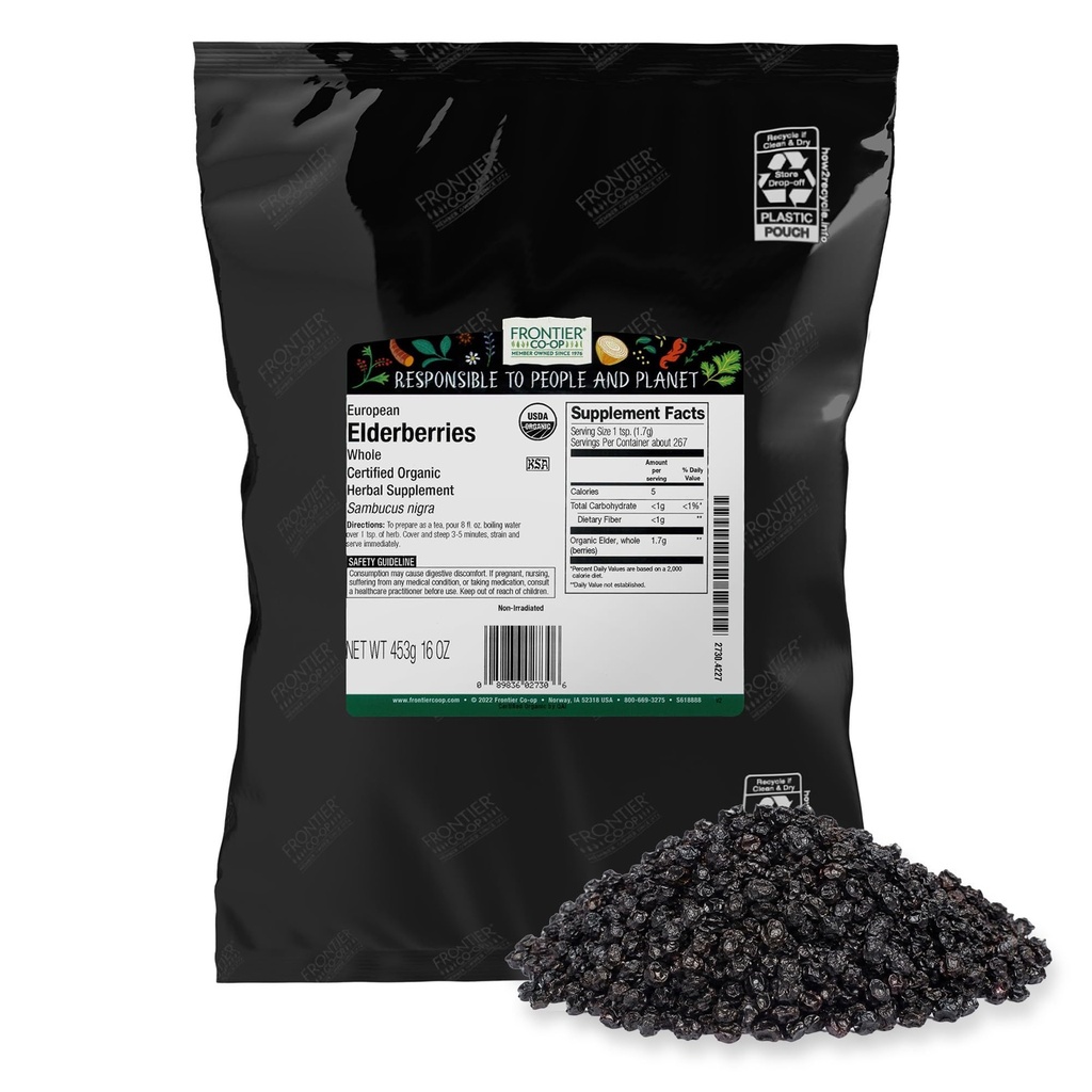 Frontier Co-op Organic Dried Elderberry, 1lb Bulk Bag, Europe Whole 124; Kosher dan Non-GMO Organic Elderberry Berries Diry, untuk Tea, Immune Support