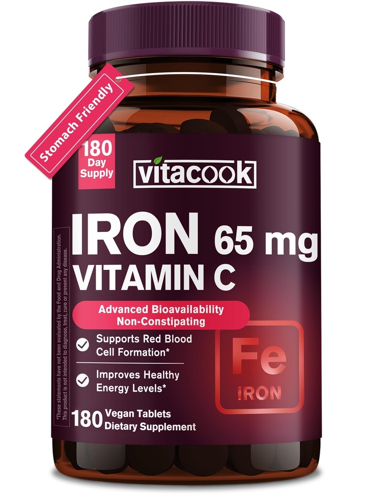 Tambahan Besi untuk Pria Perempuan, Potensi Tinggi Besi 65mg dengan Vitamin C 250mg, Pill Iron Friendly untuk Red Blood & Imune Dukungan, Non-GMO & Gluten Bebas, 180 Vegan Tablet