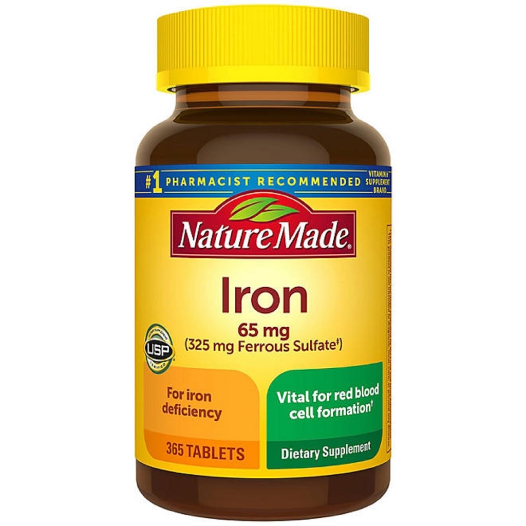 Nature Made Iron 65 mg (dari Ferrous Sulfate) Tablet untuk Formasi Sel Darah Merah (365).