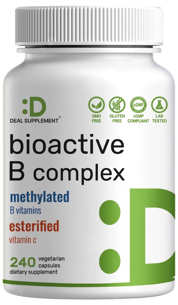 Kompleks Bioactive Vitamin B untuk Pria & Perempuan, 240 Veggie Kapsul - Metholated B Complex & Esterified Vitamin C - Potency & Easy Absorpsi - Imune, Energy & Metabolisme Suplemen - Non-GMO