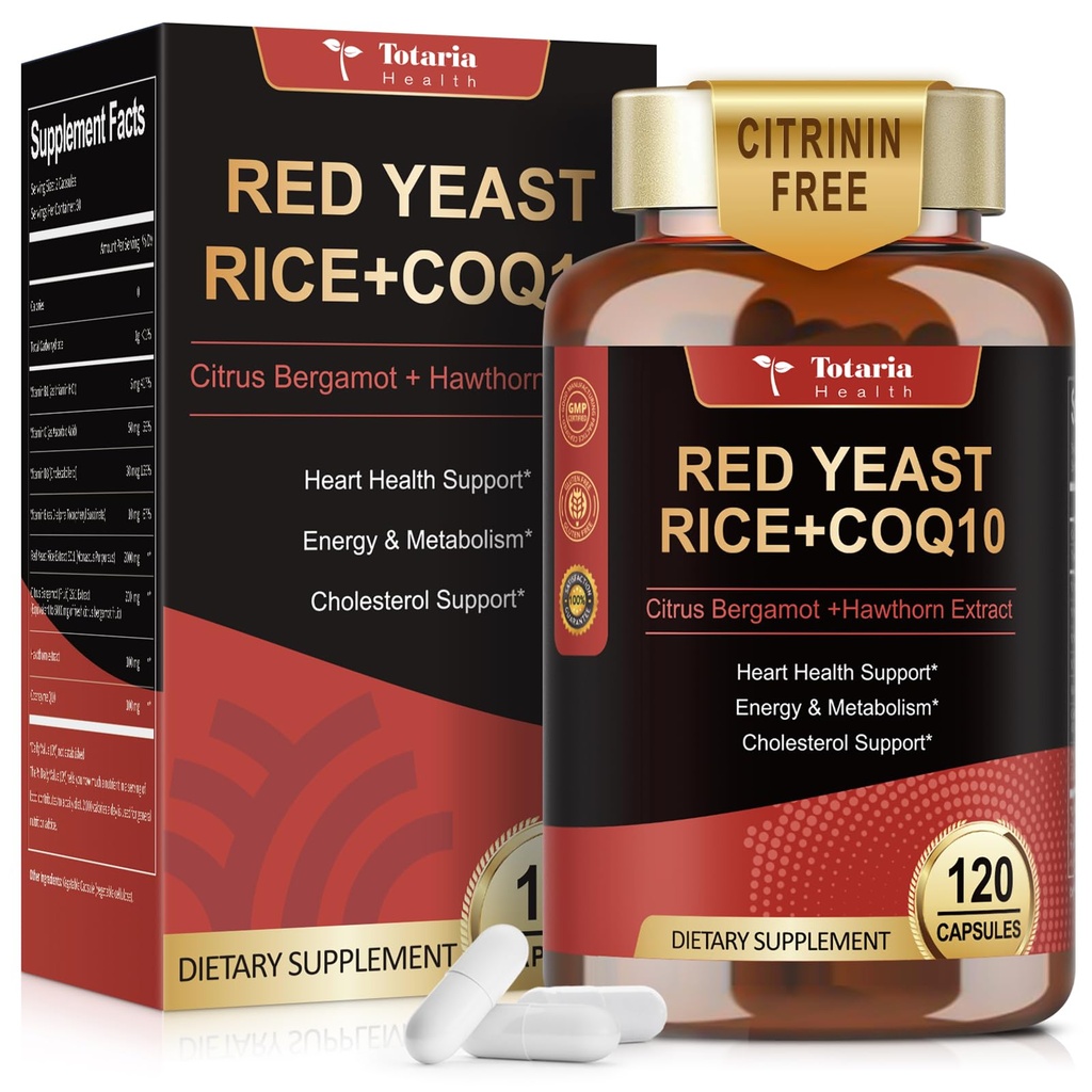 Red Yeast Rice 2.000mg dengan Suplemen CoQ10 - Citrinin Free Extract Red Yeast Rice Capsules dengan CoQ10 100 Plus Citrus Bergamot - Cholesterol Lowering Suplemen 3rd- Party Tested Vegan N-GMO